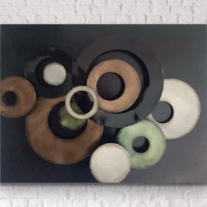 Large Abstract Metal Wall Art Black Discs 80 x 60cm Mounted on Black Ply Board - Picture 1 of 11