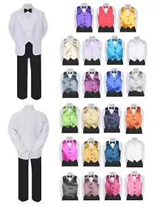 7pc Boy Formal Black Pants White Suit Tuxedo Satin Bow Tie Vest Set Baby 4T-20 - Picture 1 of 25