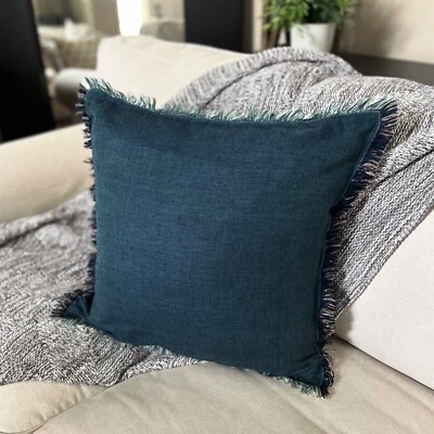 West Elm Textured Silk Fringe Pillow Cover 20"x 20" Petrol Blue Teal Natural Tan - Image 1 of 4