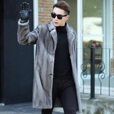 New Men's Mink Coat Slim Mid-length Full Mink Fur Collar Windbreaker Winter Coat - Image 1 of 4
