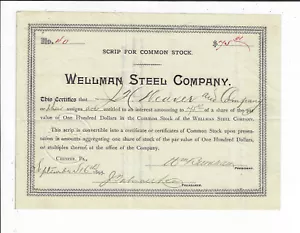 Pennsylvania 1895 Wellman Steel Company Scrip Stock Certificado #40 Chester - Imagen 1 de 2
