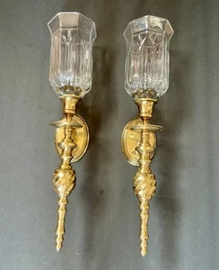 Vintage Set of 2 Farmhouse Cottage HOMCO Brass Wall Candleholders + Glass Globes - Picture 1 of 11