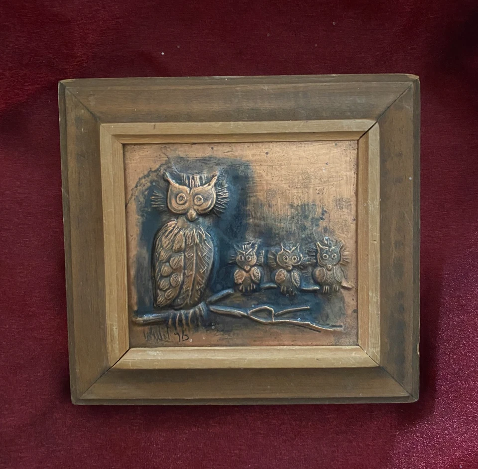 Cuadro enmarcado de búho de cobre arte raro firmado 18B1 Foto 1 de 1