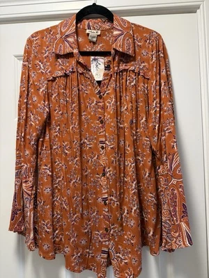 NUEVO CON ETIQUETAS Blusa Lola P. Boho Campesina Manga Larga Óxido Ciruela Marfil Mangas Campana Grande Foto 1 de 4