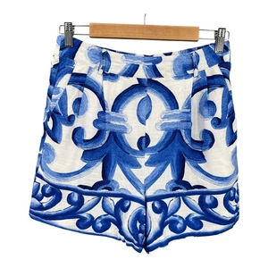 Farmers Market Linen Blend Shorts Women Boho Summer Size M Blue Scroll Print - Picture 1 of 10
