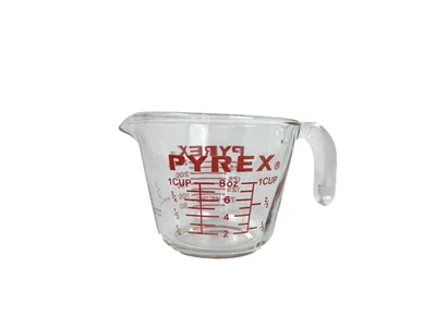 Taza medidora de vidrio Pyrex de colección 1 taza 250 ml impresión roja utensilios de cocina vintage EE. UU. Foto 1 de 4