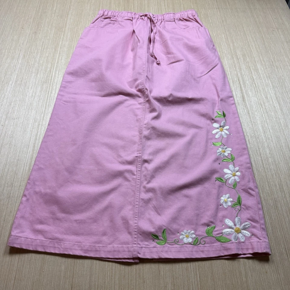 Vintage Denim Skirt Quacker Factory Maxi Daisy Embroidered Floral Large - Image 1 of 4