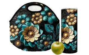 Black with Gold and Teal Flowers Tumbler and Matching Lunch Tote Handmade - Picture 1 of 1