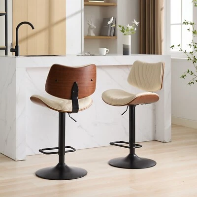 2 Set Bentwood Bar Stools PU Leather Swivel Bar Chairs 25"-33.4"  Height Beige - Image 1 of 4