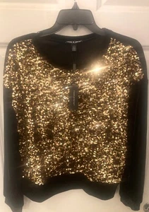 Cable & Guage Gold & Black Velour Top Sequin Front Long Sleeve Size L New w Tag - Picture 1 of 6