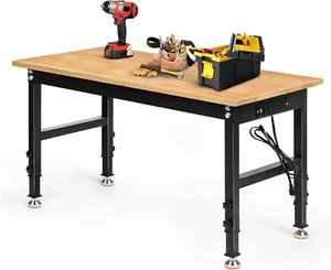 Adjustable Height Workbench, 48" Rubber Wood Top Heavy Duty Workstation with Pow - Picture 1 of 7