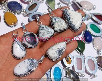 Lote de pingentes étnicos feitos à mão folheados a prata esterlina 925 com pedra preciosa opala dendrita - Imagem 1 de 3