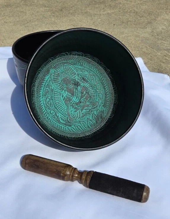 Singing bowl - Green and Black with Buddha - Aluminum - 7" - Image 1 of 4