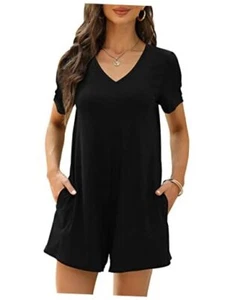 Women's Summer Short Sleeve V Neck Short Jumpsuit Loose Casual X-Large A-black - Picture 1 of 8