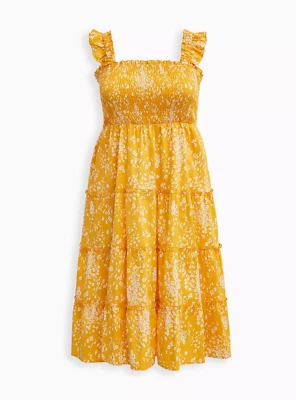 Vestido midi amarelo tórrido floral popeline novo com etiquetas bolsos laterais em camadas US$ 79,5 - Imagem 1 de 4