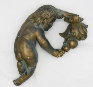 VINTAGE CHERUB SCULPTURE PLASTER CLAY WALL HANGING LARGE 14" TALL - Picture 1 of 7