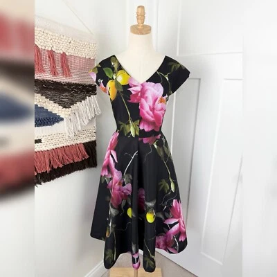 Ted Baker London Citrus Bloom Floral Lemon Fit & Flare Cocktail Dress Sz XS 1 - Image 1 of 4