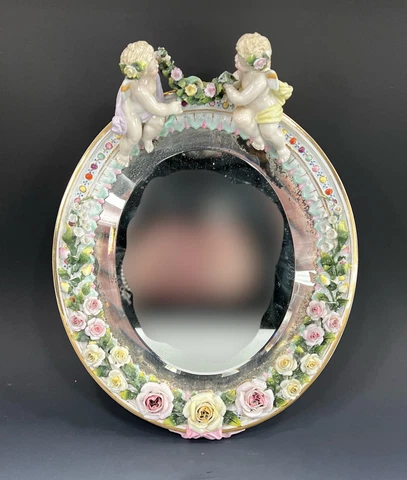 Antique 19thC Dresden Porcelain Beveled Mirror W/Floral Rim Putties Hold Festoon Cover