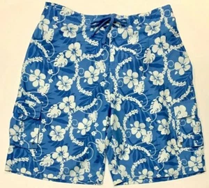 Men's XL Cargo Swim Shorts Trunks Pockets Blue & White Hawaiian Quick Dry Mesh - Picture 1 of 11