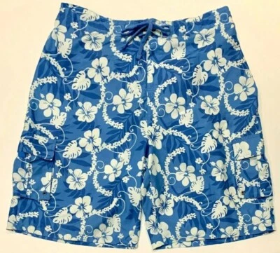 Pantalones Cortos de Natación de Carga XL Para Hombre Bañador Bolsillos Azul y Blanco Hawaiano Malla de Secado Rápido Foto 1 de 4