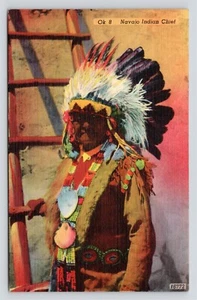 Native American Navajo Chief in Headdress VTG Unused Linen Postcard - Picture 1 of 2