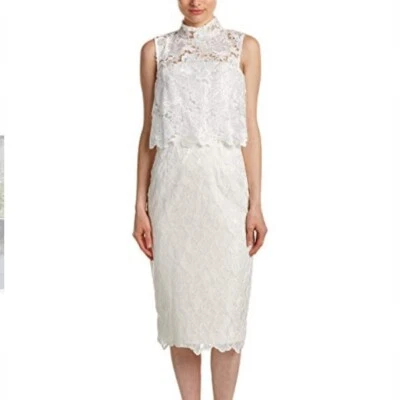Monique Lhuillier Dress 4 Wht Lace Cocktail High Neck Structured 444209 NWT $598 - Image 1 of 4
