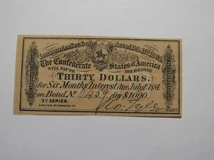 $30 1864 Confederate Bond Coupon Certificate Currency Bank Note Bill AU - Picture 1 of 2