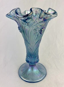 Fenton Ice Blue Iridescent Vase Daffodils Ruffled Edge Original Sticker Signed - Picture 1 of 12