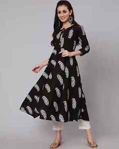 Indian Women Black Cotton Floral Printed Anarkali Kurta Kurti Long Style Dress