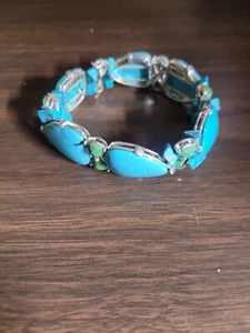 Vintage MONET signiertes Stretch Armband - Silber, Türkis, grüner Stein - Bild 1 von 4