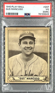 1940 Play Ball baseball card # 207 "Gus" Mancuso, Brooklyn Dodgers PSA 3(MK)
