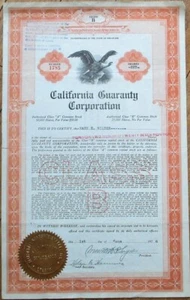 California Guarantee Corporation 1926 Stock Certificate, Unusual Vertical Format - Picture 1 of 1