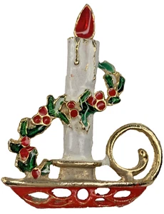 Pretty c1960s MCM ENAMEL Christmas Holiday CANDLE in Holder Pin Brooch VTG - Picture 1 of 3