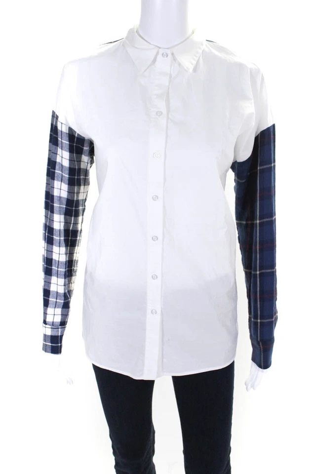 Camisa Drew Mujer Botón Frontal Cuadros Manga Larga Cuello Blanco Azul Talla XS Foto 1 de 4