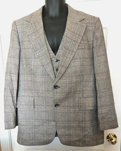 VTG Rogers Peet Mens 42R Gray Glen Plaid Wool Blazer Sport Coat Vest 2 Piece Set - Picture 1 of 5