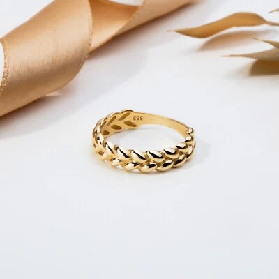14k Solid Gold Wheat Leaf Ring | Dainty Vine Eternity Band | Wedding Ring | 2-11 - Image 1 of 4