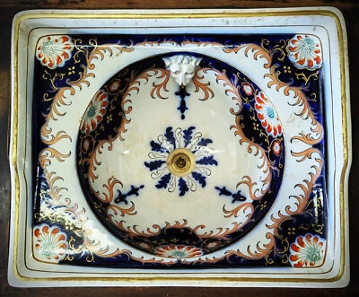 Fregadero de baño francés antiguo del siglo XIX pintado a mano flujo cabeza de león azul Foto 1 de 4