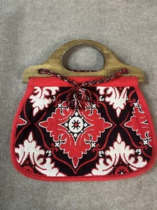 Vintage Nadelspitze Handtasche Geldbeutel Gobelin Holzgriffe Hippie Boho Gypsy - Bild 1 von 12
