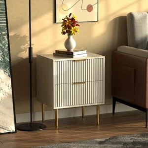 Sofá mesita de noche acanalada elegante de madera blanca de 2 cajones mesita de noche habitación hogar - Imagen 1 de 7