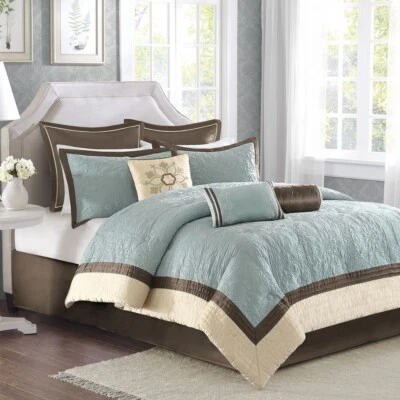QUALITY BEAUTIFUL ELEGANT MODERN LIGHT BLUE IVORY WHITE BROWN TEXTURE SOFT COMFORTER SET