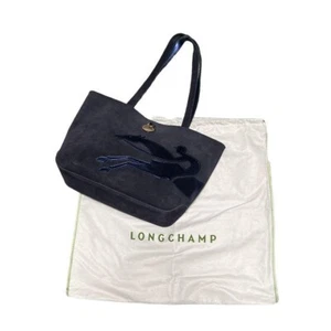 Longchamp Damen Tasche Hand Schultertasche Wildleder Navy Gold Logo Elegant Damen - Bild 1 von 8
