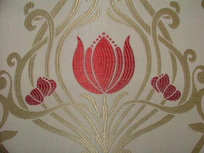 Jugendstil Tulpen Rubin Rot Champagner Jacquard Vorhang Polster Kissen Stoff - Bild 1 von 4