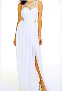 Größe 9 weiß Abschlussball Heimkehr Festzug formelles Abendkleid Kleid mit Ausschnitten neu mit Etikett - Bild 1 von 4