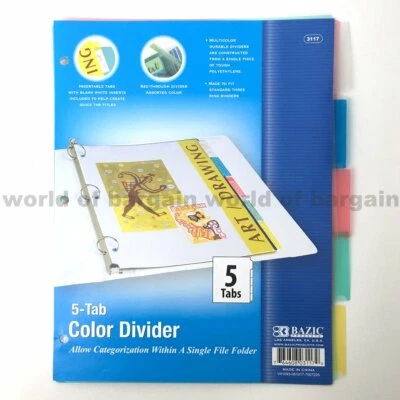 5 Tab Colored Dividers 3 Ring Binder Plastic Film File Folder Inserts Index C077 - Image 1 of 2