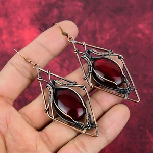 Red Fire Labradorite Stone Copper Dangle Drop Wire Wrapped Hook Earrings Jewelry - Picture 1 of 6