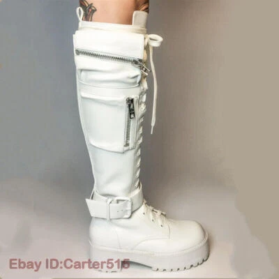 Moda Mujeres Motociclista Motocicleta Botas hasta la Rodilla Exterior Hebilla Correa Punk Zapatos Foto 1 de 4