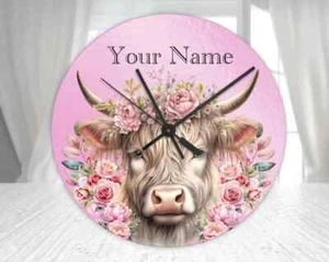 Personalised Highland Cow Clock, Glass Wall Clock, Highland Cow Gift For Women - Picture 1 of 2