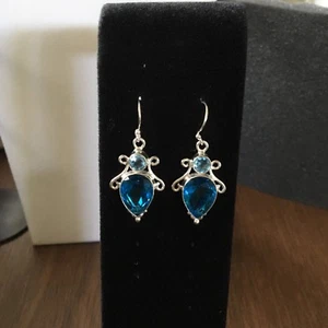 Spectacular Faceted Blue Topaz 925 Silver Dangle Earrrings - Picture 1 of 8