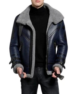 Chaqueta de cuero azul de piel de oveja genuina de piel de oveja real aviador bombardero B6 para hombre - Imagen 1 de 4