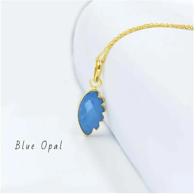 树叶雕刻蓝色蛋白石吊坠手工制作18k镀金链式项链 — 第 1/4 张图片